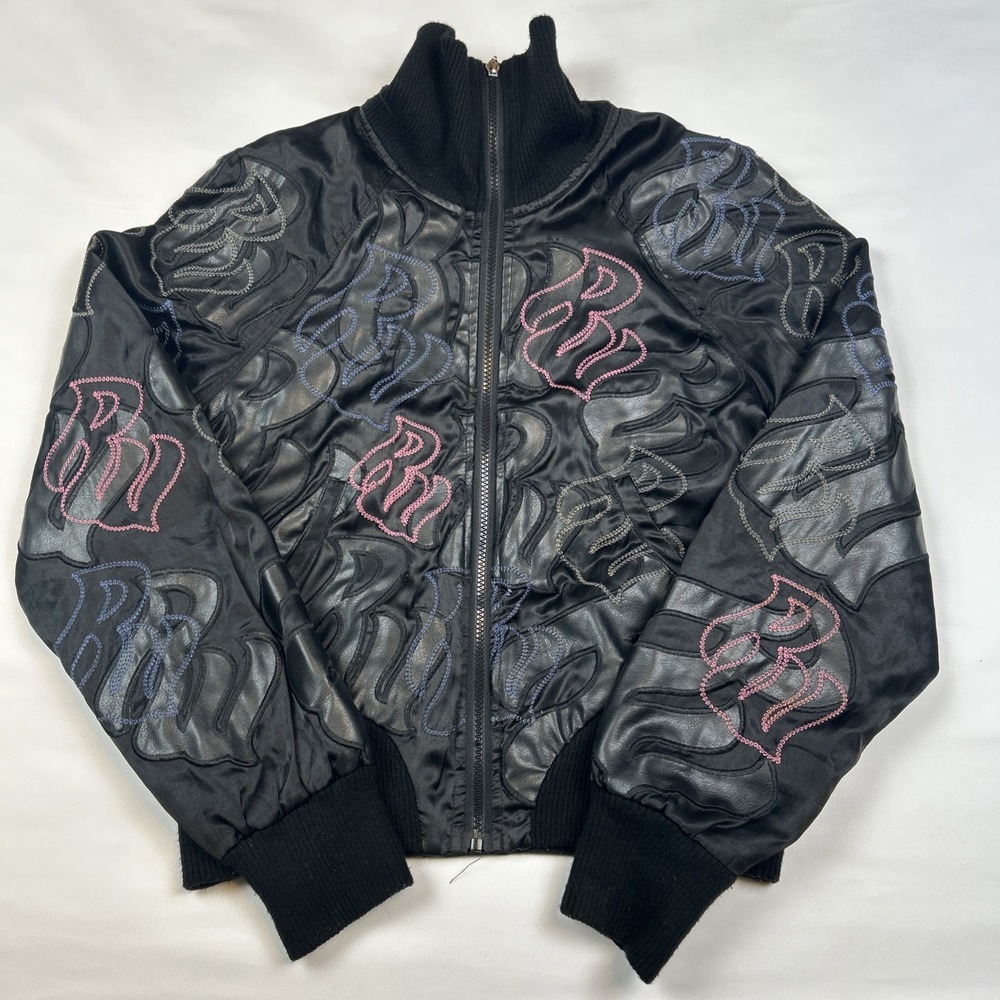 Vintage Roca Wear Y2K Bomber Jacket Black Pink Zip Size L Embroidered AOP Satin